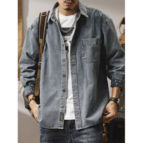 輕熟風潮流做舊牛仔襯衫男生秋冬新款日系復古休閒工裝襯衣外套男