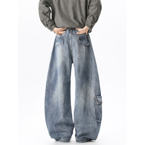 美式大口袋解搆加絨牛仔褲男潮牌冬季高街寬鬆復古加厚濶腿長褲子