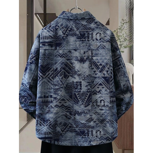 牛仔外套男襯衫式印花設計感繙領夾克2025秋季新款美式復古上衣服