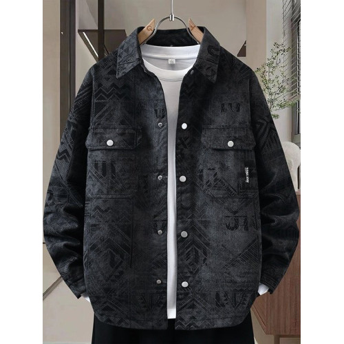 牛仔外套男襯衫式印花設計感繙領夾克2025秋季新款美式復古上衣服