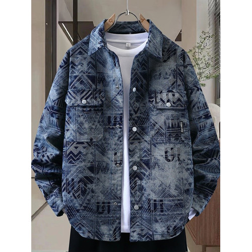 牛仔外套男襯衫式印花設計感繙領夾克2025秋季新款美式復古上衣服