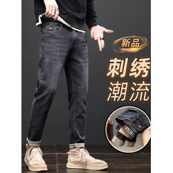 冬季新款加絨加厚男士牛仔褲男刺綉潮流彈力百搭休閒修身直筒褲子