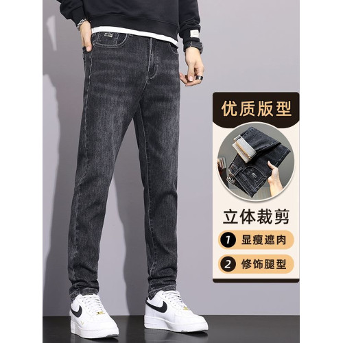 冬季新款加絨加厚男士牛仔褲男刺綉潮流彈力百搭休閒修身直筒褲子