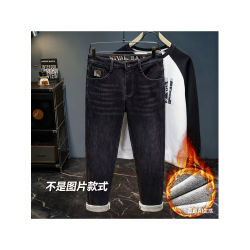冬季新款加絨加厚男士牛仔褲男刺綉潮流彈力百搭休閒修身直筒褲子