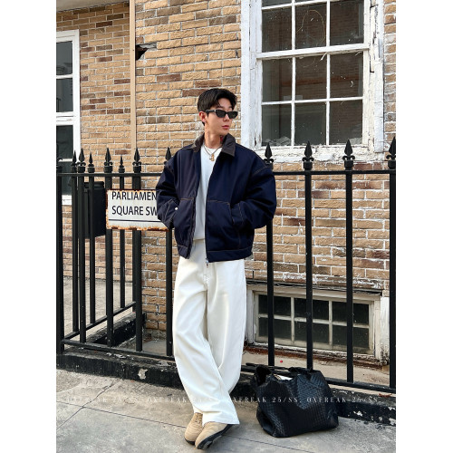 OXFREAK「基礎通勤 cleanfit」A字白色牛仔褲男加絨加厚保暖褲子