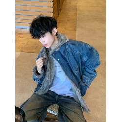 水洗牛仔外套男美式毛領加絨座山雕棉服冬季加厚工裝棉衣痞帥棉襖