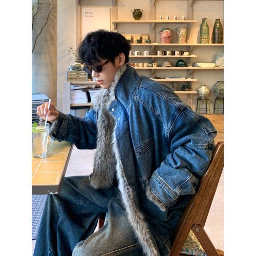 水洗牛仔外套男美式毛領加絨座山雕棉服冬季加厚工裝棉衣痞帥棉襖