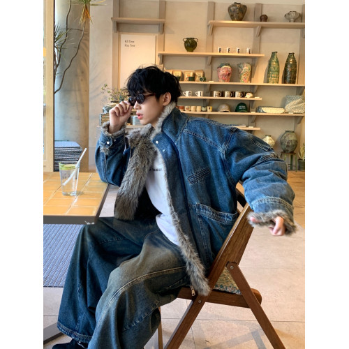 水洗牛仔外套男美式毛領加絨座山雕棉服冬季加厚工裝棉衣痞帥棉襖