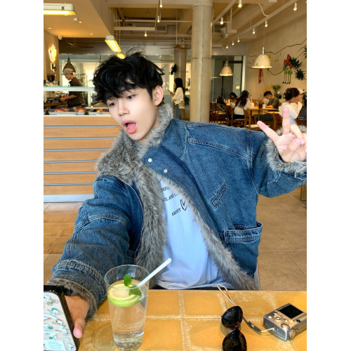 水洗牛仔外套男美式毛領加絨座山雕棉服冬季加厚工裝棉衣痞帥棉襖