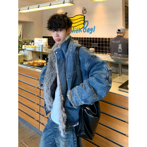 水洗牛仔外套男美式毛領加絨座山雕棉服冬季加厚工裝棉衣痞帥棉襖