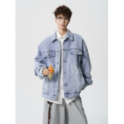 美式學院風水洗牛仔外套男女春高街痞帥工裝夾克潮牌寬鬆休閒上衣