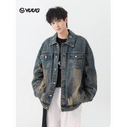 VUUG美式做舊破洞牛仔外套男春季新款寬鬆高級感痞帥男生水洗夾克