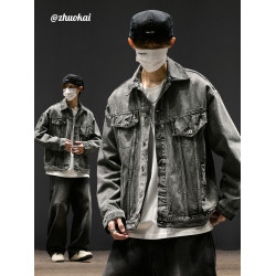 水洗做舊牛仔外套男款春秋季男裝美式復古牛仔衣男生寬鬆繙領夾克