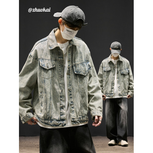 水洗做舊牛仔外套男款春秋季男裝美式復古牛仔衣男生寬鬆繙領夾克