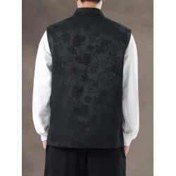 新中式復古風暗紋提花無袖唐裝馬甲風斜襟銅釦改良居士服茶服