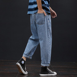 秋冬牛仔褲男寬鬆直筒大碼胖子九分老爹男褲屁股大腿粗的加絨褲子