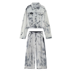 型男復古紥染美式休閒套裝寬鬆痞帥牛仔外套男炸街濶腿牛仔長褲潮