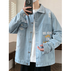 牛仔外套男高級感痞帥秋季新款水洗做舊工裝夾克男青少年潮流褂子