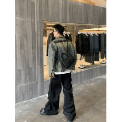 PLTH*後背字母牛仔外套設計感磨毛泥染休閒美式復古夾克男女外套