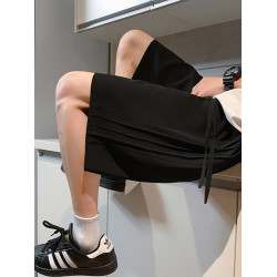 冰絲垂感休閒西裝短褲男夏季薄款寬鬆大碼皺褶條紋涼感五分中褲子