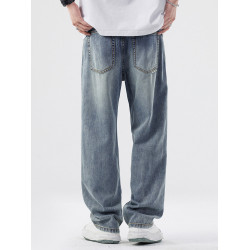 萊賽爾天絲牛仔褲男夏季寬鬆直筒美式潮牌垂感休閒濶腿長褲子春秋