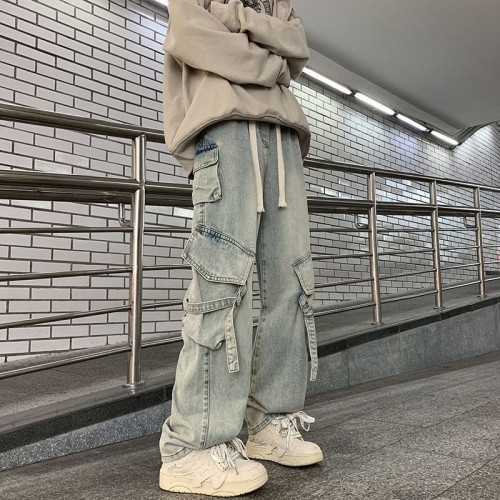 美式高街多口袋工裝牛仔褲男款春秋夏季寬鬆直筒濶腿男生休閒褲子