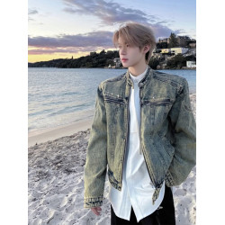 墊肩短款牛仔外套男高級感痞帥春秋美式cleanfit立領夾克男模穿搭