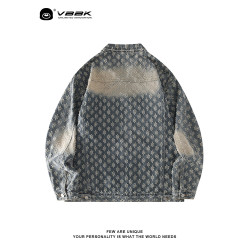 VBBK秋季潮流復古牛仔夾克外套男女水洗小香風提花情侶款工裝襯衣