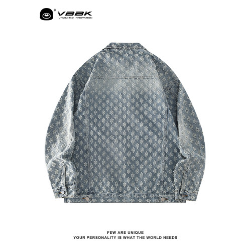 VBBK秋季潮流復古牛仔夾克外套男女水洗小香風提花情侶款工裝襯衣