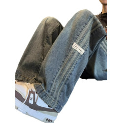 條紋美式復古牛仔褲男春秋新款高街松緊腰寬鬆休閒男士直筒長褲子