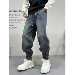 美式高街復古水洗牛仔褲男2025秋冬新款藍色寬鬆直筒濶腿休閒長褲