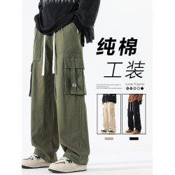 美式高街純棉休閒褲男冬季新款潮牌寬鬆直筒工裝褲濶腿長褲子秋季