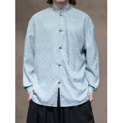 新中式春秋提花水波紋長袖唐裝襯衫男寬鬆大碼圓領盤釦中山裝上衣