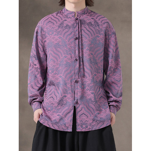 新中式春秋提花水波紋長袖唐裝襯衫男寬鬆大碼圓領盤釦中山裝上衣