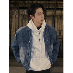 美式復古短款墊肩牛仔外套男款春季小衆高級潮流痞帥機車夾克上衣