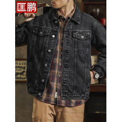 牛仔外套男春秋款2025新款黑灰色男士工裝夾克寬鬆繙領休閒牛仔衣