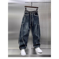 美式復古拼接牛仔褲男潮牌高街寬鬆直筒彎刀褲男士休閒濶腿長褲子