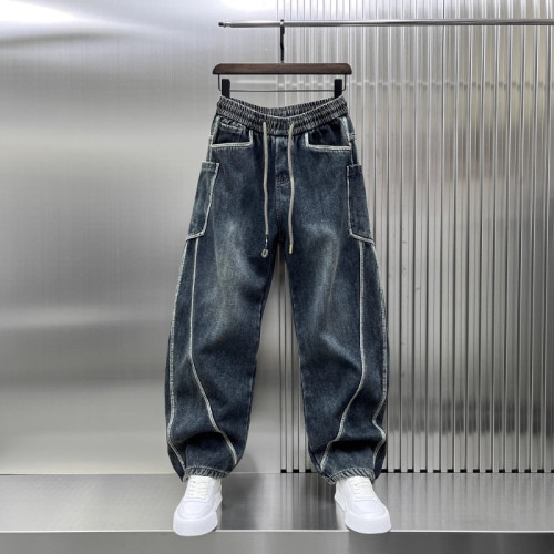 美式復古拼接牛仔褲男潮牌高街寬鬆直筒彎刀褲男士休閒濶腿長褲子