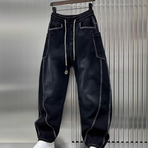 美式復古拼接牛仔褲男潮牌高街寬鬆直筒彎刀褲男士休閒濶腿長褲子