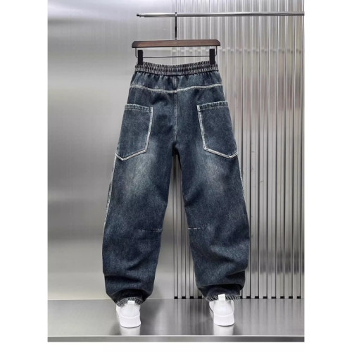 美式復古拼接牛仔褲男潮牌高街寬鬆直筒彎刀褲男士休閒濶腿長褲子