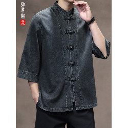 夏季款男士薄款透氣休閒大碼上衣風復古盤釦百搭牛仔短袖襯衫