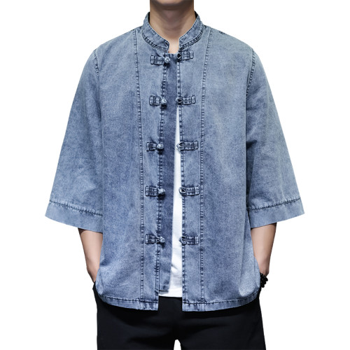 夏季款男士薄款透氣休閒大碼上衣風復古盤釦百搭牛仔短袖襯衫