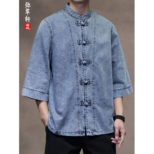 夏季款男士薄款透氣休閒大碼上衣風復古盤釦百搭牛仔短袖襯衫