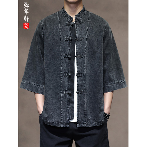 夏季款男士薄款透氣休閒大碼上衣風復古盤釦百搭牛仔短袖襯衫