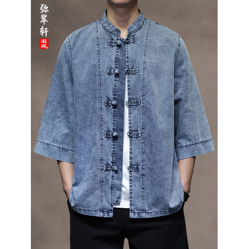 夏季款男士薄款透氣休閒大碼上衣風復古盤釦百搭牛仔短袖襯衫