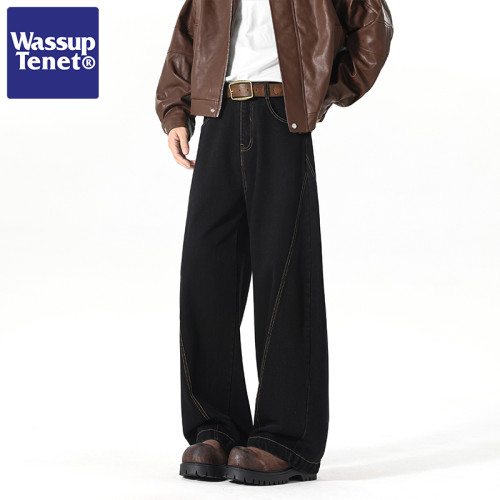 Wassup tenet美式復古彎刀褲男女小衆設計感濶腿寬鬆痞帥牛仔褲子