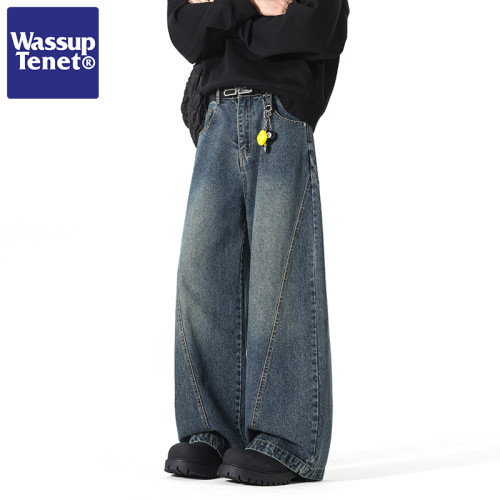 Wassup tenet美式復古彎刀褲男女小衆設計感濶腿寬鬆痞帥牛仔褲子