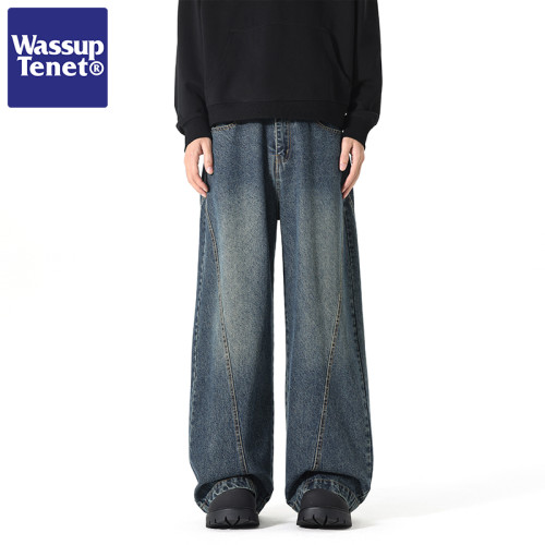 Wassup tenet美式復古彎刀褲男女小衆設計感濶腿寬鬆痞帥牛仔褲子
