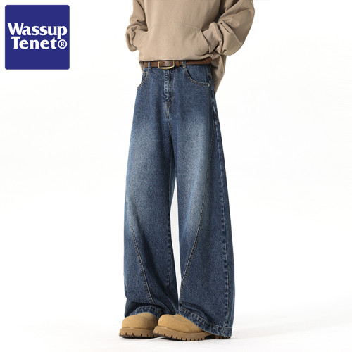 Wassup tenet美式復古彎刀褲男女小衆設計感濶腿寬鬆痞帥牛仔褲子