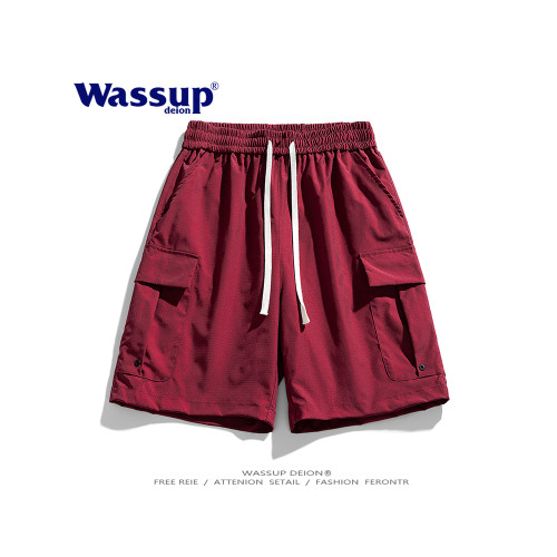 WASSUP DEION潮牌安哥拉紅工裝五分褲子男夏季寬鬆涼感情侶沙灘褲